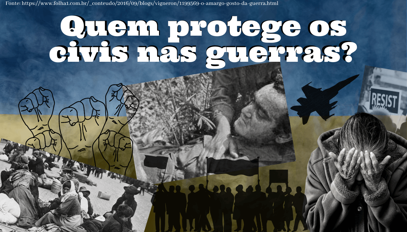 Lê-se quem protege os civis nas guerras e contém imagens que mostram civis em situações de guerra