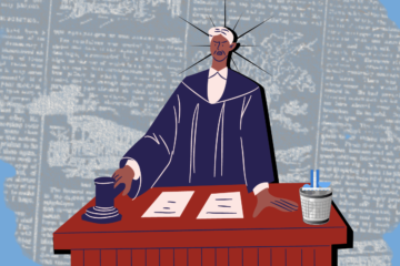 A imagem apresenta a ilustração de um juiz - homem negro, de toga e com o cabelo branco - atrás de sua mesa, batendo o martelo. Sobre a mesa há alguns papéis e uma lixeira, dentro da qual há o prédio do Congresso Nacional. Atrás da cabeça do juiz, há linhas de luz preta, irradiando como uma estrela. O fundo é azul claro e, no centro, há um recorte irregular de uma folha de jornal, sobre a qual está a ilustração.