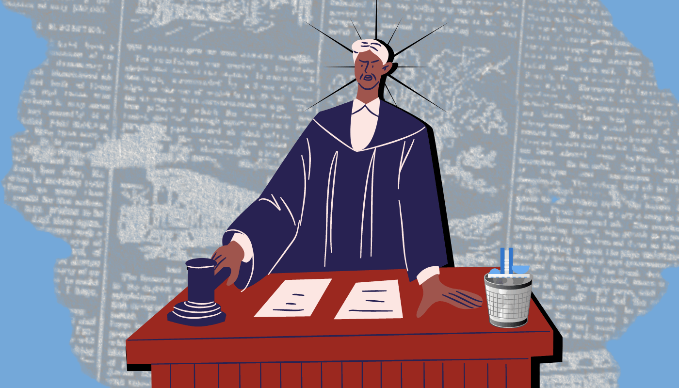 A imagem apresenta a ilustração de um juiz - homem negro, de toga e com o cabelo branco - atrás de sua mesa, batendo o martelo. Sobre a mesa há alguns papéis e uma lixeira, dentro da qual há o prédio do Congresso Nacional. Atrás da cabeça do juiz, há linhas de luz preta, irradiando como uma estrela. O fundo é azul claro e, no centro, há um recorte irregular de uma folha de jornal, sobre a qual está a ilustração.