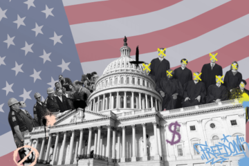 No fundo da imagem, há a bandeira dos Estados Unidos. No centro, em primeiro plano, há a imagem do prédio do Congresso estadunidense coberto de manchas de tinta e pichações: do lado direito, há a palavra “freedom” - liberdade - e um cifrão; do lado esquerdo há o símbolo comunista riscado, em sinal de proibido, e, no topo do prédio, há um crucifixo de ponta cabeça. Atrás do prédio, há duas cenas: uma fotografia mostrando “The Stand at the Schoolhouse Door”, manchada de tinta, e a foto oficial dos juízes da Suprema Corte dos Estados Unidos, cujos rostos estão marcados por Xs pichados em amarelo.