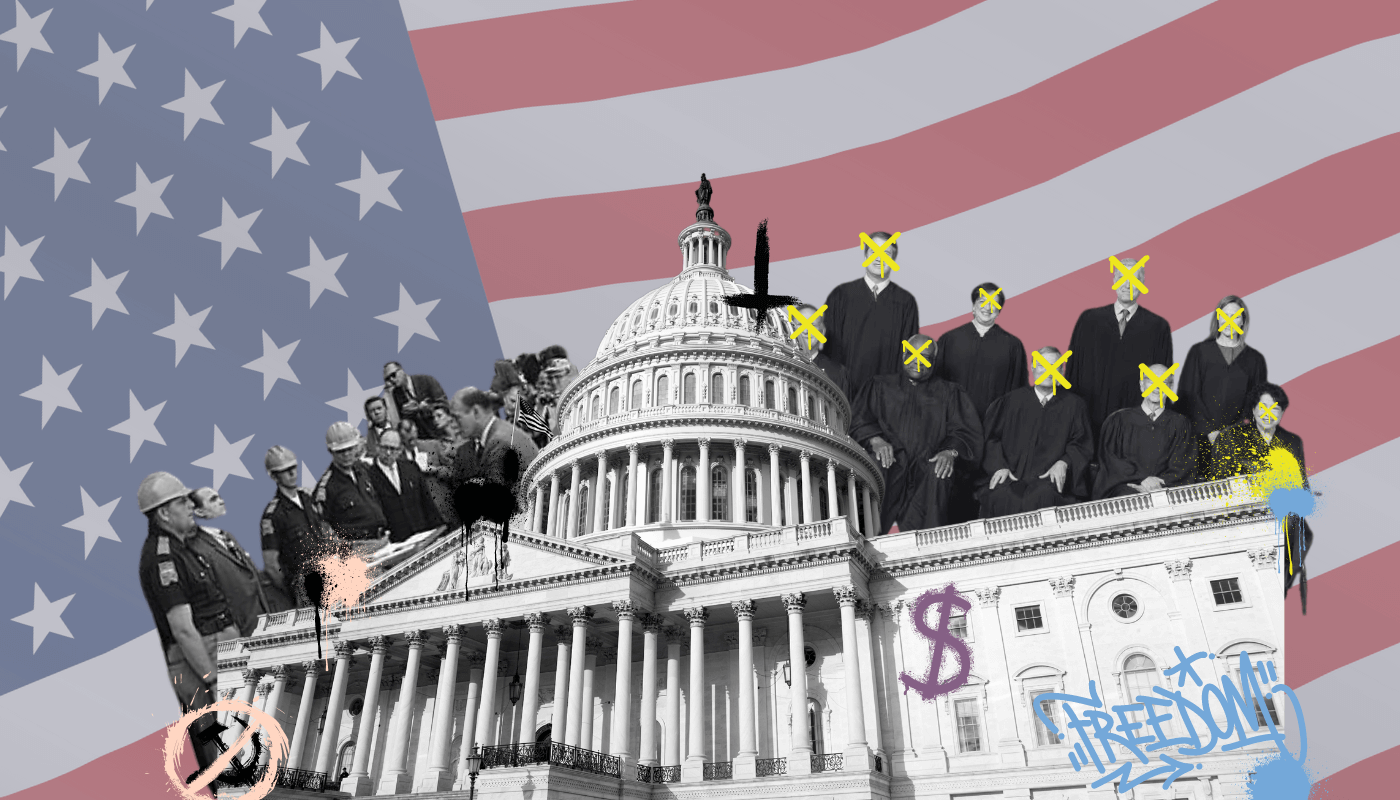 No fundo da imagem, há a bandeira dos Estados Unidos. No centro, em primeiro plano, há a imagem do prédio do Congresso estadunidense coberto de manchas de tinta e pichações: do lado direito, há a palavra “freedom” - liberdade - e um cifrão; do lado esquerdo há o símbolo comunista riscado, em sinal de proibido, e, no topo do prédio, há um crucifixo de ponta cabeça. Atrás do prédio, há duas cenas: uma fotografia mostrando “The Stand at the Schoolhouse Door”, manchada de tinta, e a foto oficial dos juízes da Suprema Corte dos Estados Unidos, cujos rostos estão marcados por Xs pichados em amarelo.
