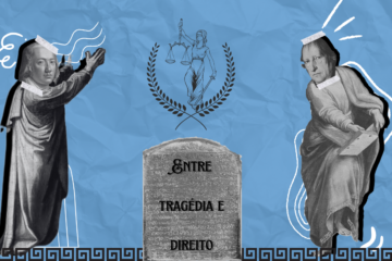 O fundo tem tonalidade azul clara e textura de papel amassado. No lado esquerdo, há uma colagem composta pelo corpo de um homem em trajes da Grécia antiga, com as mãos apontadas para o céu, e, no lugar de sua cabeça, está colado com fita adesiva o rosto de Hölderlin. No lado direito, há outra colagem, também de um homem com roupas gregas antigas, apontando para um livro em suas mãos, e, no lugar de sua cabeça, está colado, também com fita adesiva, o rosto de Hegel. Ao redor dos dois homens há várias linhas de destaque em branco. No centro há uma coroa de louros, ao redor de uma representação da Justiça, uma mulher com os olhos vendados, carregando uma balança e uma espada. Abaixo, há uma placa de pedra, na qual está escrita a frase: “Entre Tragédia e Direito”.