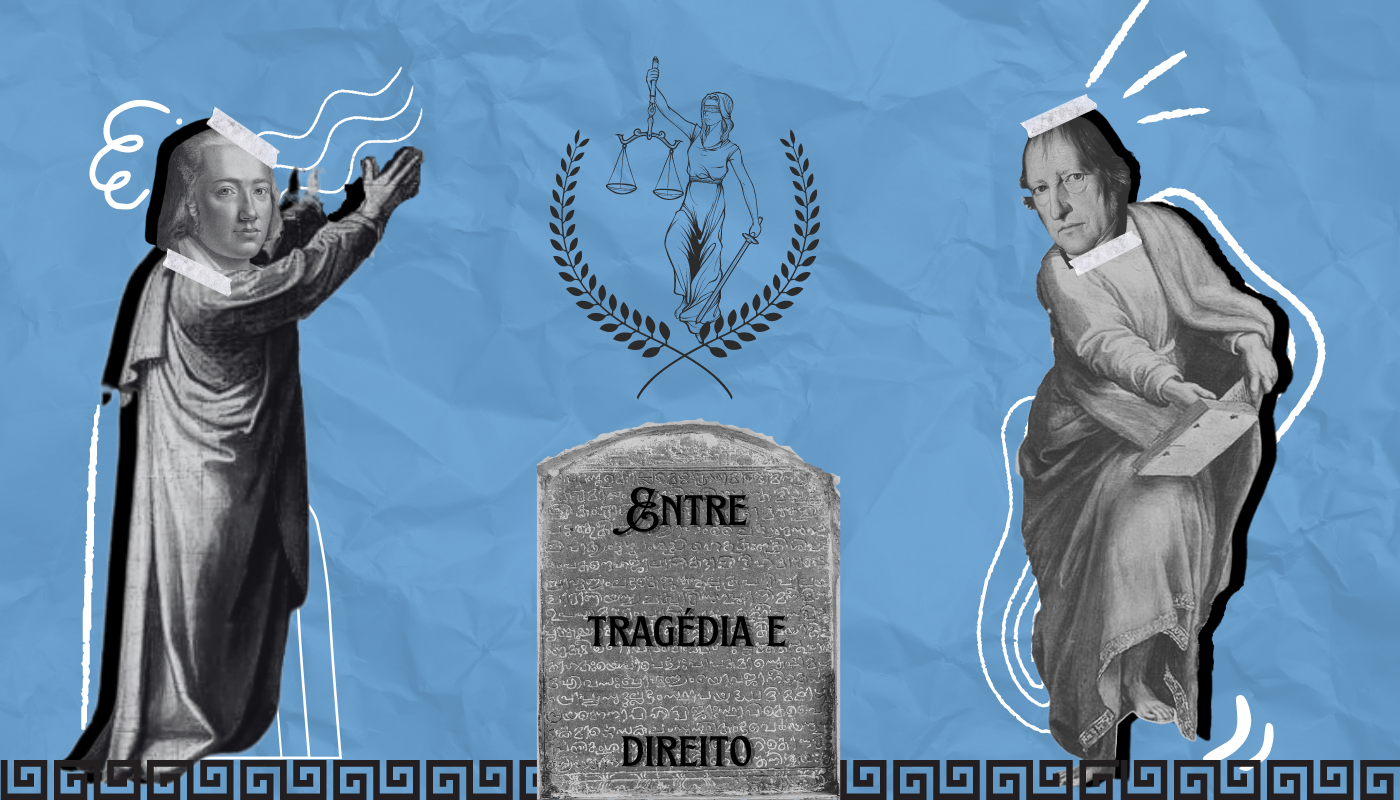 O fundo tem tonalidade azul clara e textura de papel amassado. No lado esquerdo, há uma colagem composta pelo corpo de um homem em trajes da Grécia antiga, com as mãos apontadas para o céu, e, no lugar de sua cabeça, está colado com fita adesiva o rosto de Hölderlin. No lado direito, há outra colagem, também de um homem com roupas gregas antigas, apontando para um livro em suas mãos, e, no lugar de sua cabeça, está colado, também com fita adesiva, o rosto de Hegel. Ao redor dos dois homens há várias linhas de destaque em branco. No centro há uma coroa de louros, ao redor de uma representação da Justiça, uma mulher com os olhos vendados, carregando uma balança e uma espada. Abaixo, há uma placa de pedra, na qual está escrita a frase: “Entre Tragédia e Direito”.