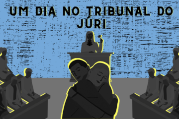 Pessoas são retratadas no tribunal do júri abaixo do título em que se lê Um dia no tribunal do júri