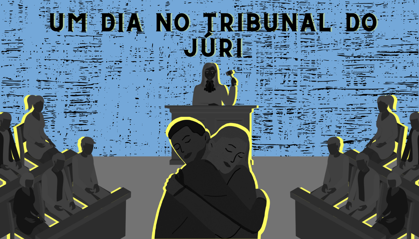 Pessoas são retratadas no tribunal do júri abaixo do título em que se lê Um dia no tribunal do júri